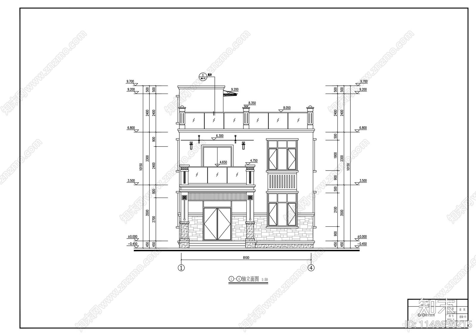 二层现代平顶乡村别墅建筑cad施工图下载【ID:1148650215】