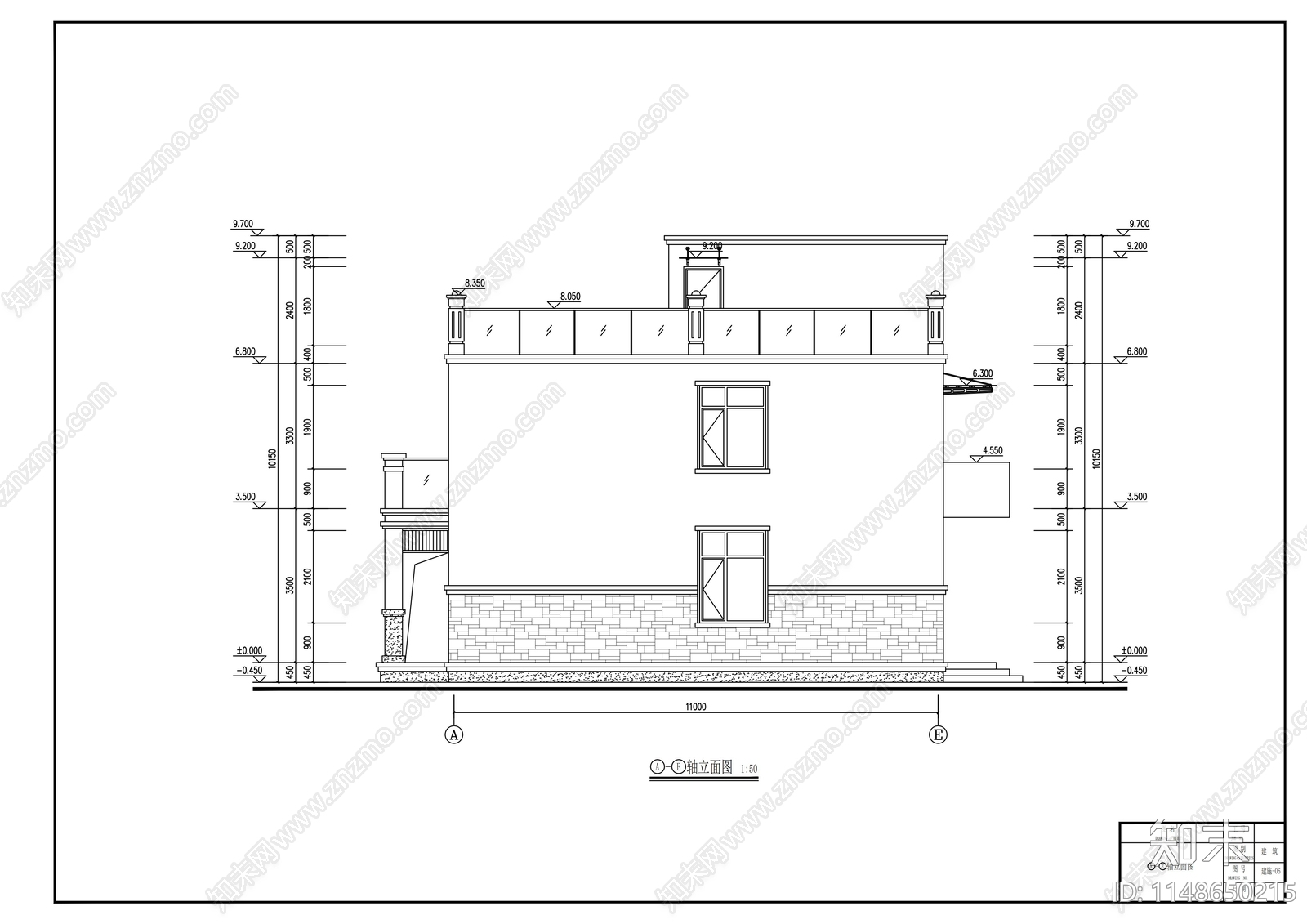 二层现代平顶乡村别墅建筑cad施工图下载【ID:1148650215】