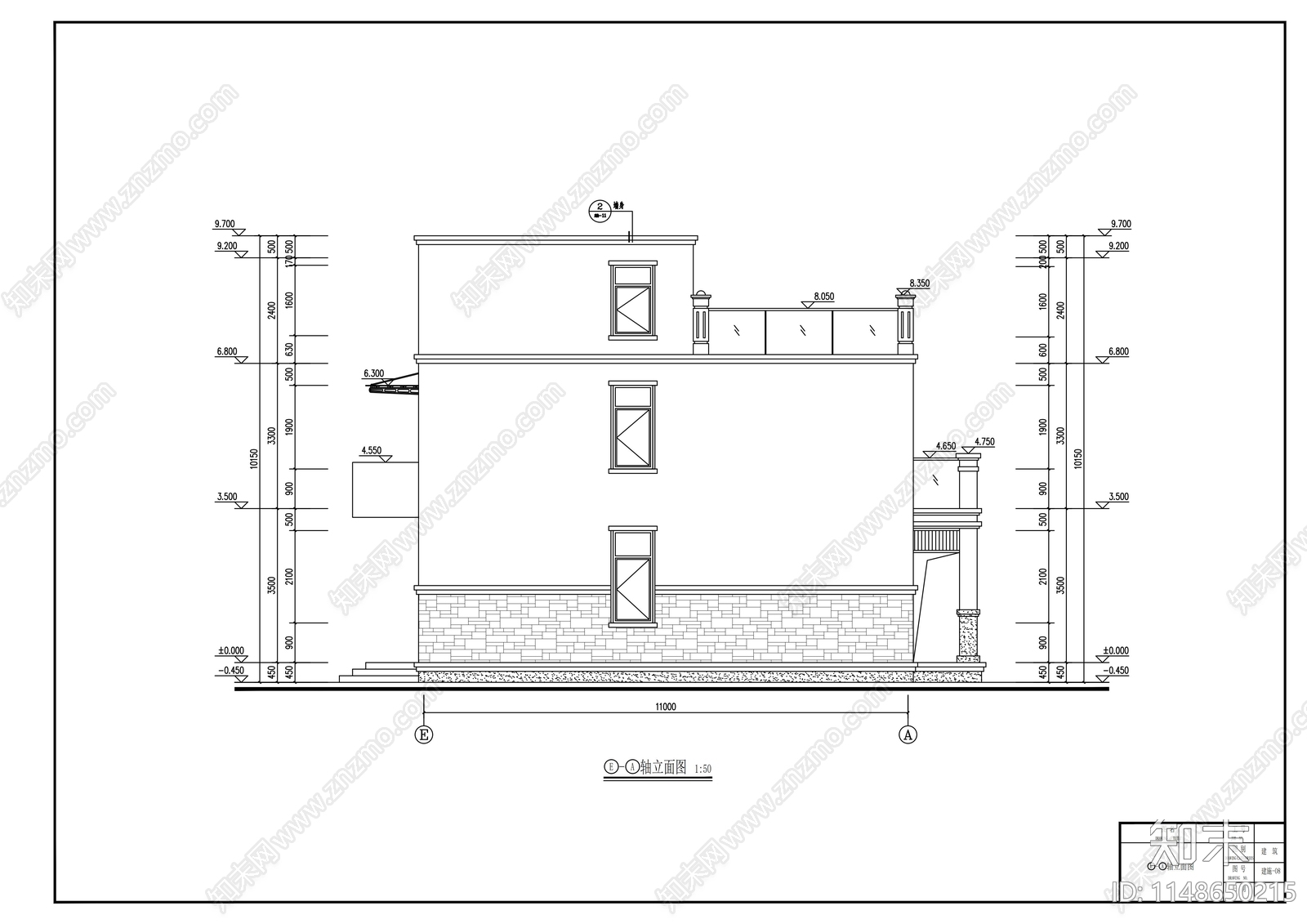 二层现代平顶乡村别墅建筑cad施工图下载【ID:1148650215】