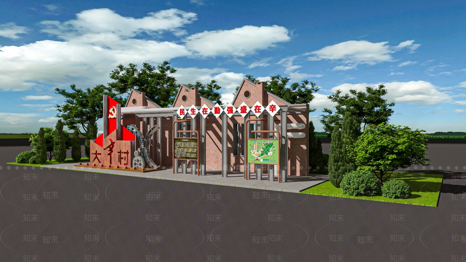 新中式村口雕塑宣传栏3D模型下载【ID:1148685211】