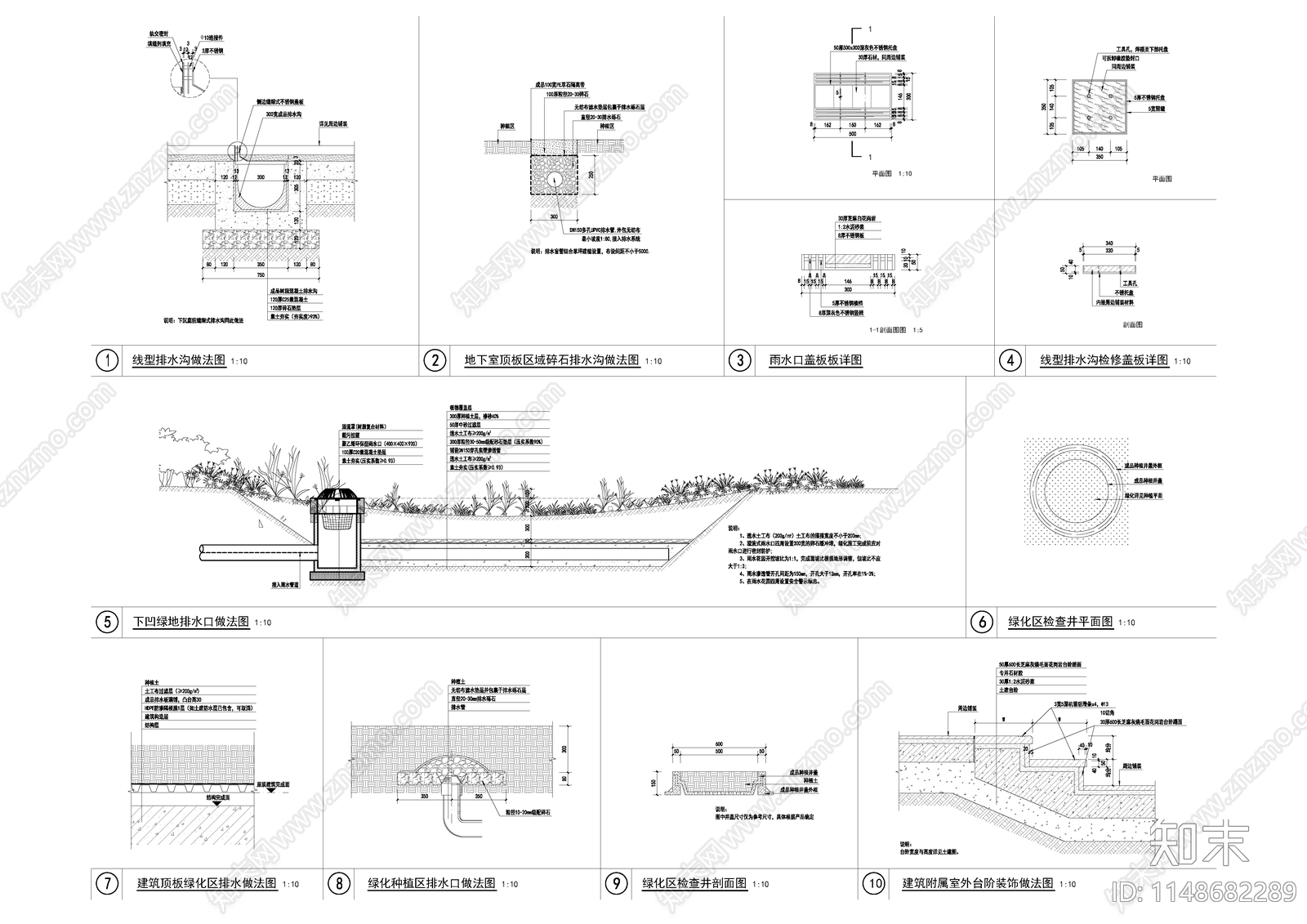 下凹绿地排水口及各类排水节点cad施工图下载【ID:1148682289】