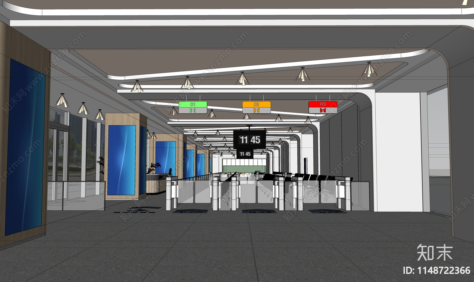 现代火车站公共候车大厅SU模型下载【ID:1148722366】