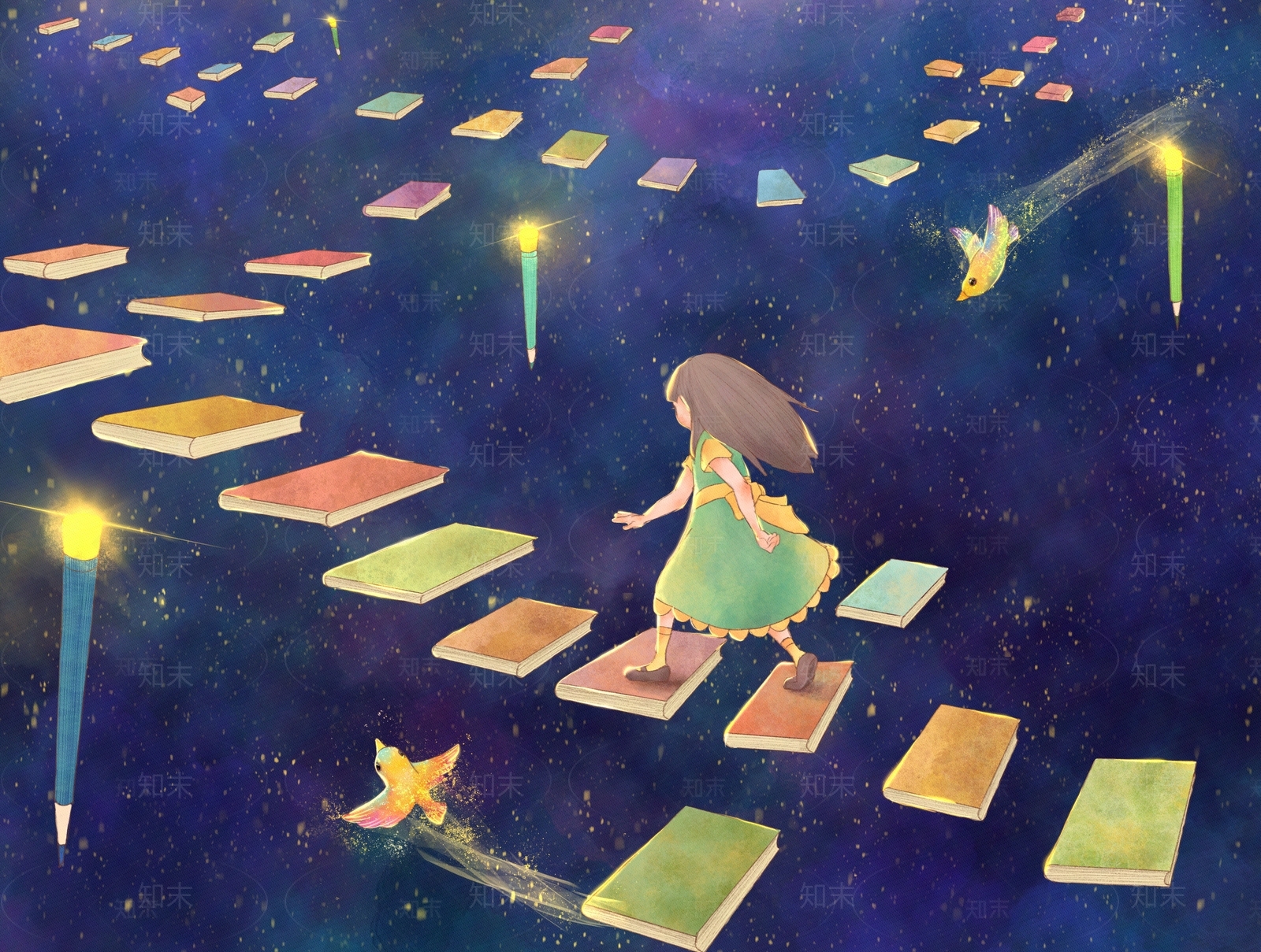 蓝色星空女孩与知识的阶梯儿童壁纸贴图下载【ID:1148684068】