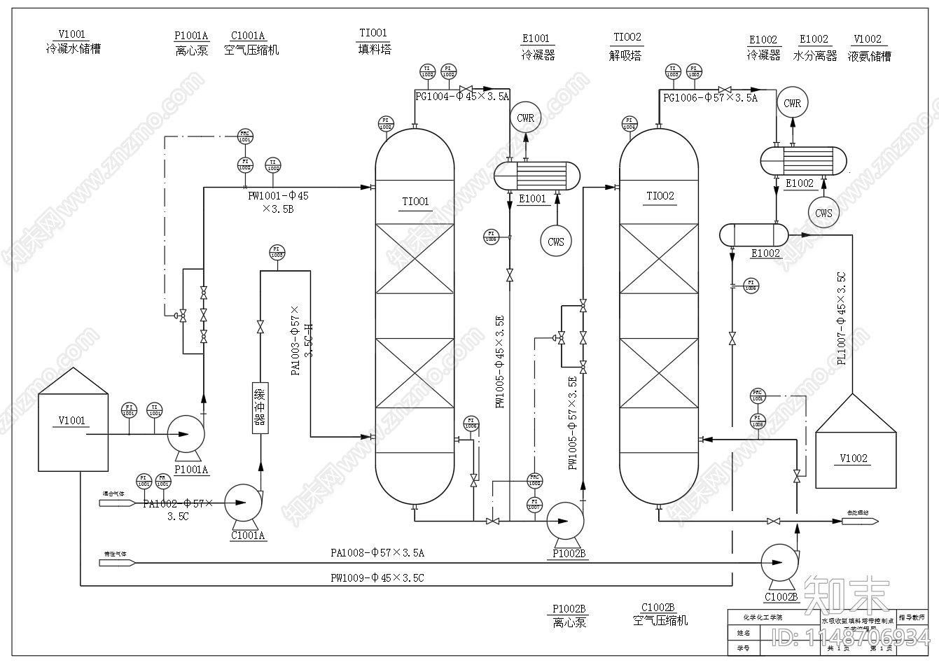 水吸收氨填料塔带控制点流程节点cad施工图下载【ID:1148706934】