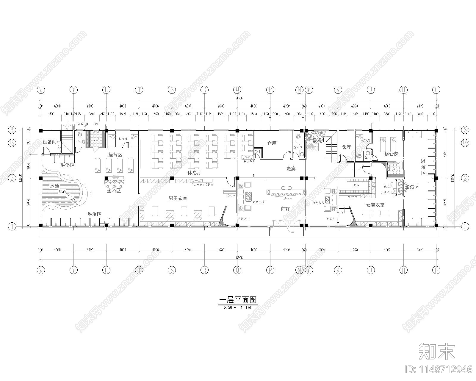 洗浴酒店室内平面图施工图下载【ID:1148712946】
