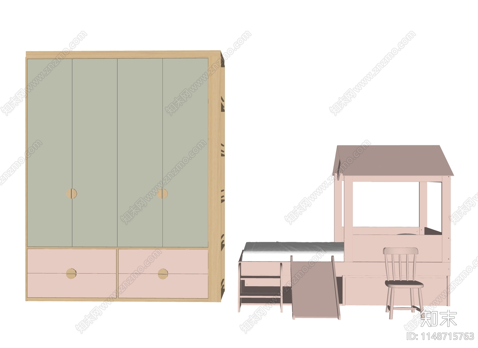 北欧儿童床衣柜SU模型下载【ID:1148715763】