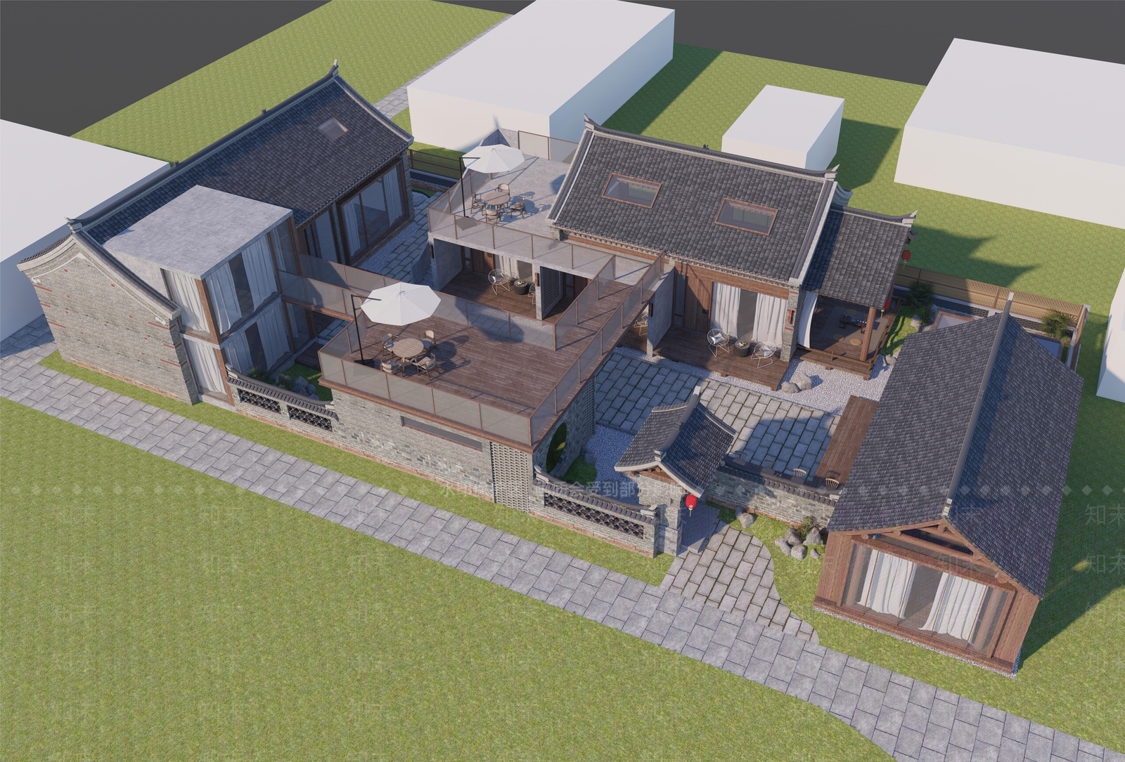 新中式青砖合院民宿SU模型下载【ID:1148726424】