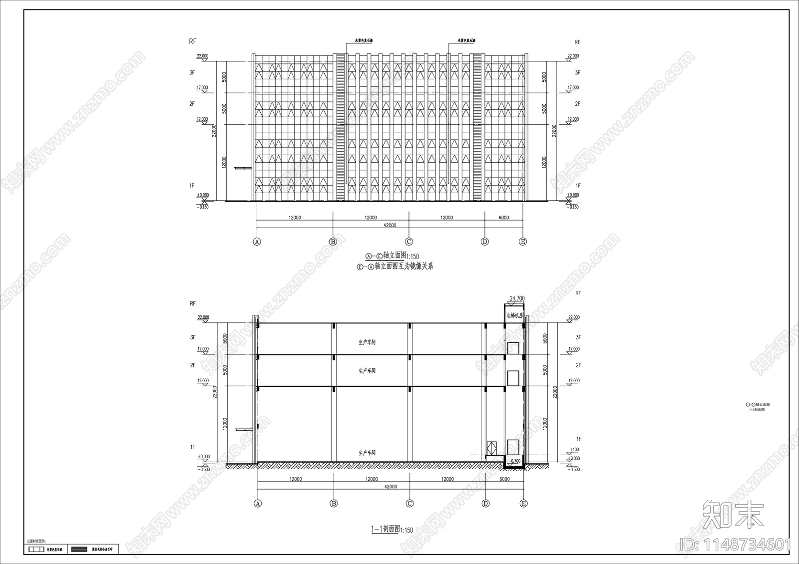 全幕墙3层工业厂房建筑cad施工图下载【ID:1148734601】