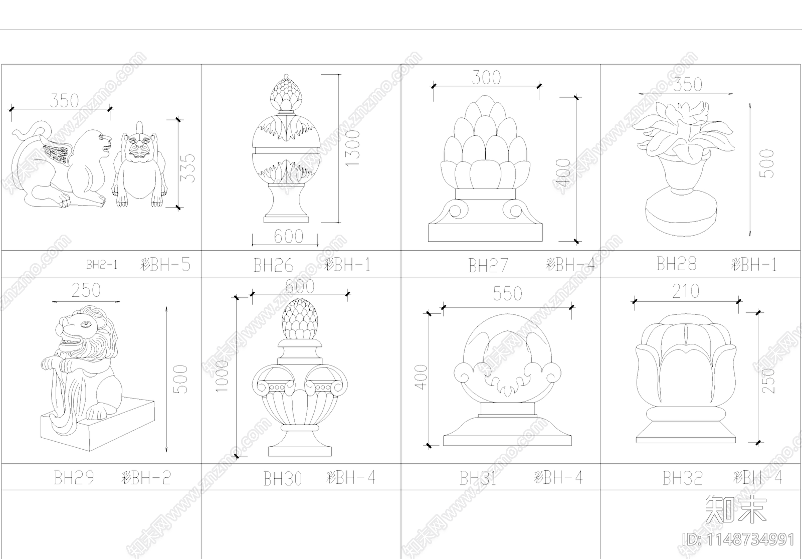 栏杆门窗花钵雕塑柱式线条雕花壁炉综合图库施工图下载【ID:1148734991】