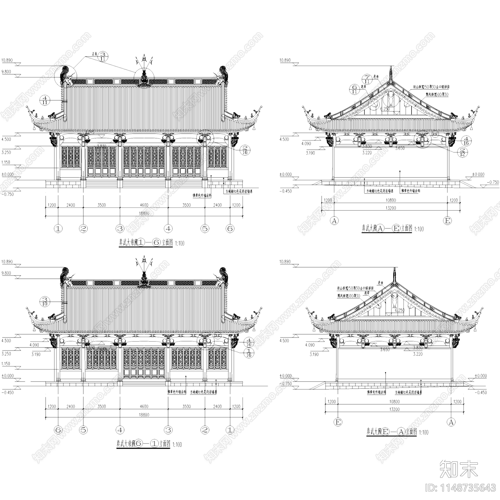 中式古建筑寺庙佛堂大殿仿古建筑cad施工图下载【ID:1148735643】