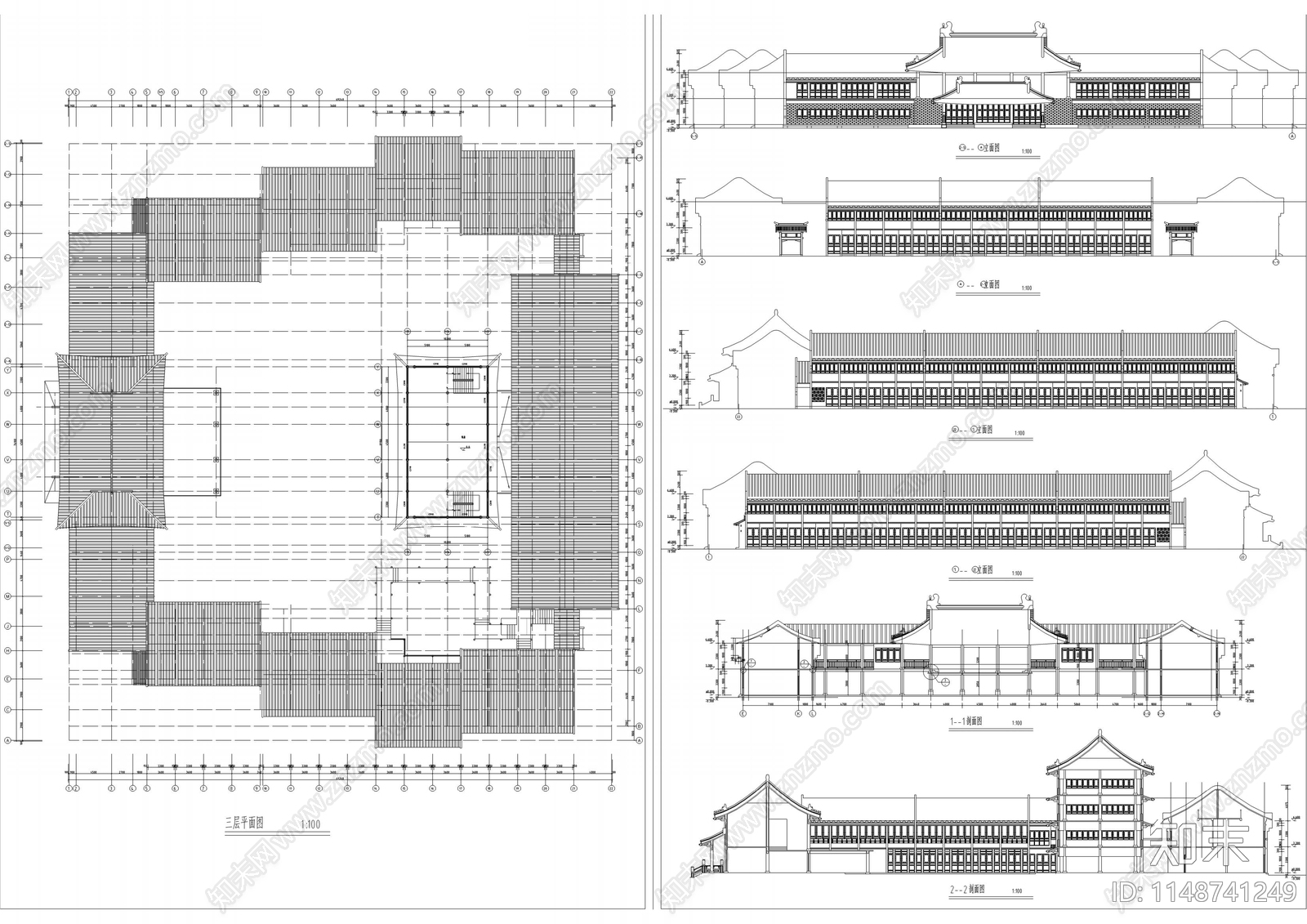 徽派四合院建筑cad施工图下载【ID:1148741249】