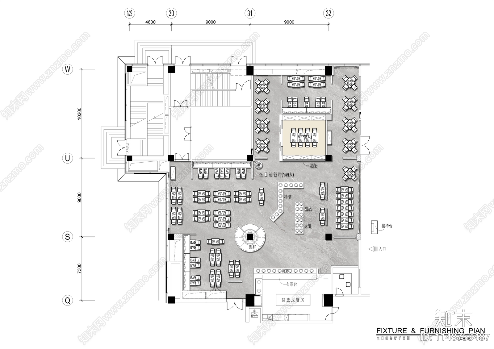 500㎡自助餐厅室内平面图cad施工图下载【ID:1148753487】