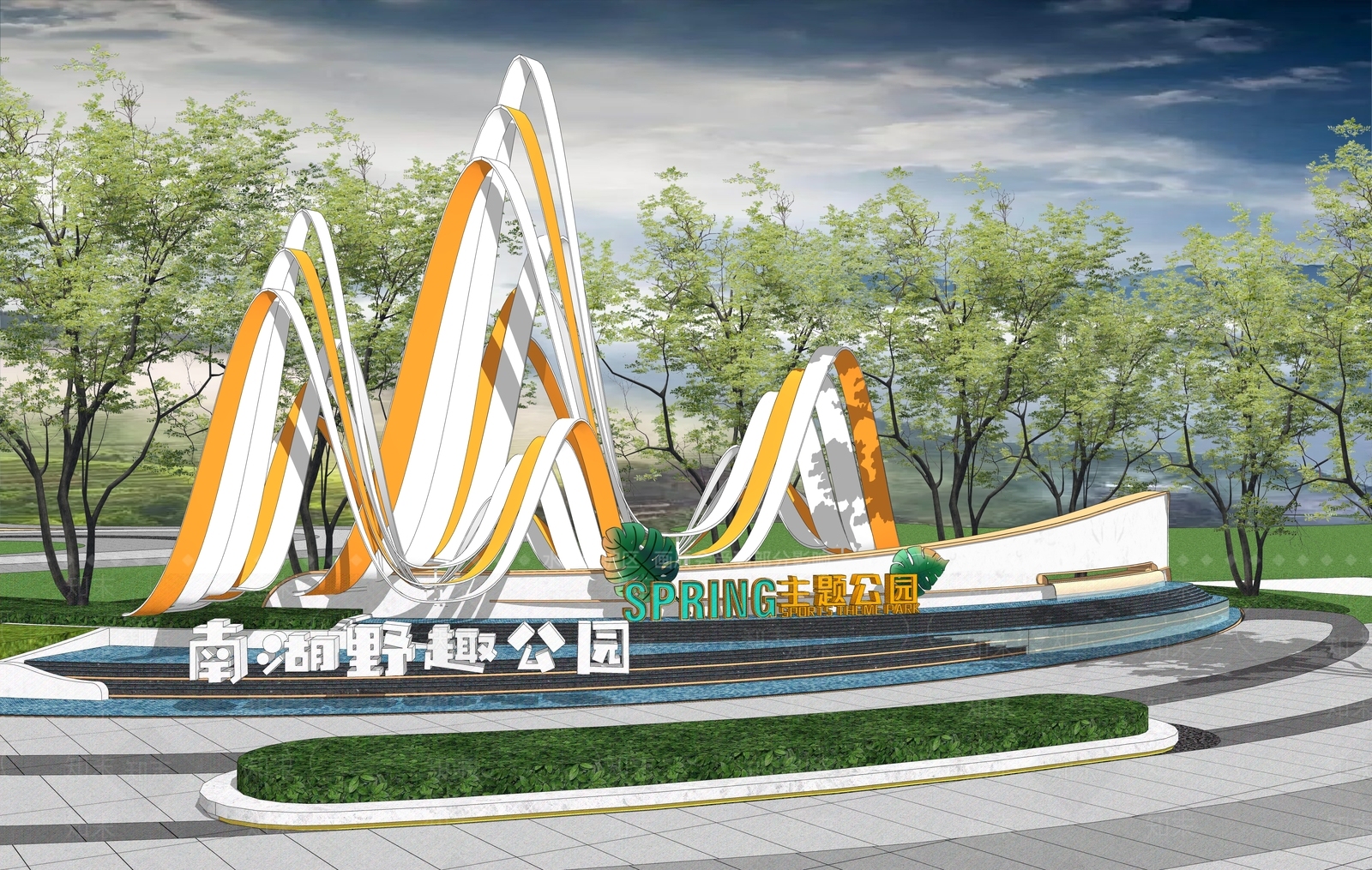 现代公园入口景墙SU模型下载【ID:1148755077】