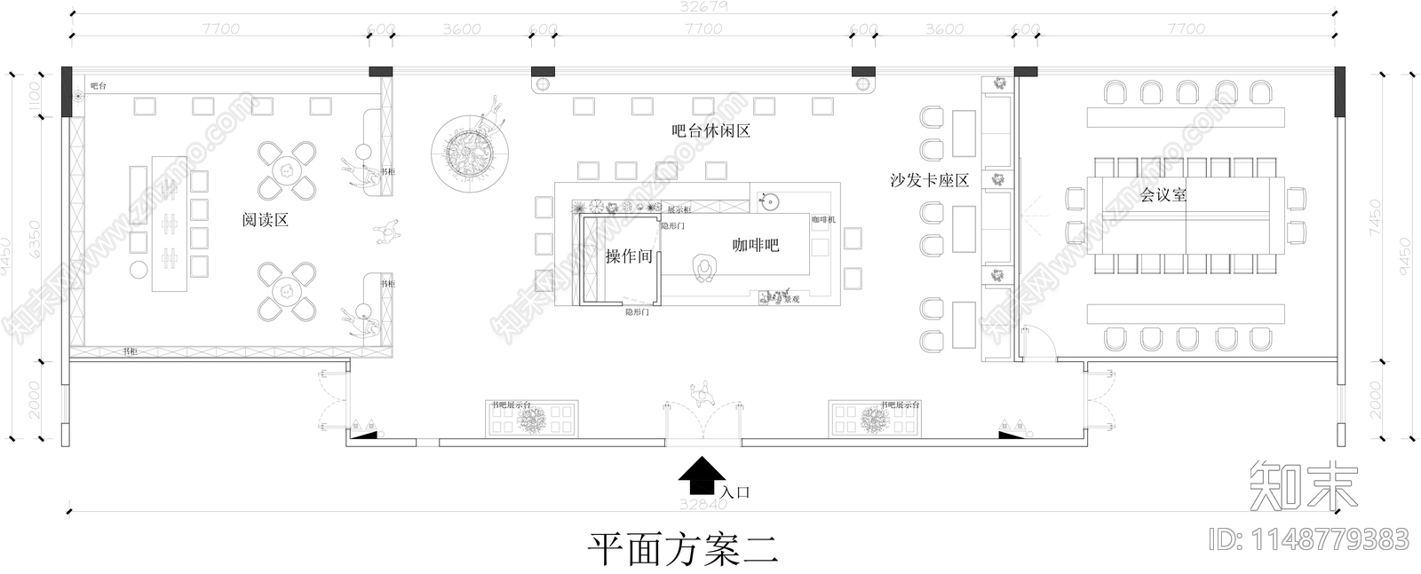 创意书吧咖啡吧室内平面图施工图下载【ID:1148779383】