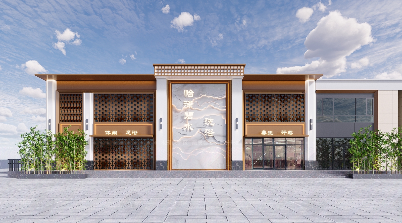 新中式洗浴中心门头门面3D模型下载【ID:1149096419】