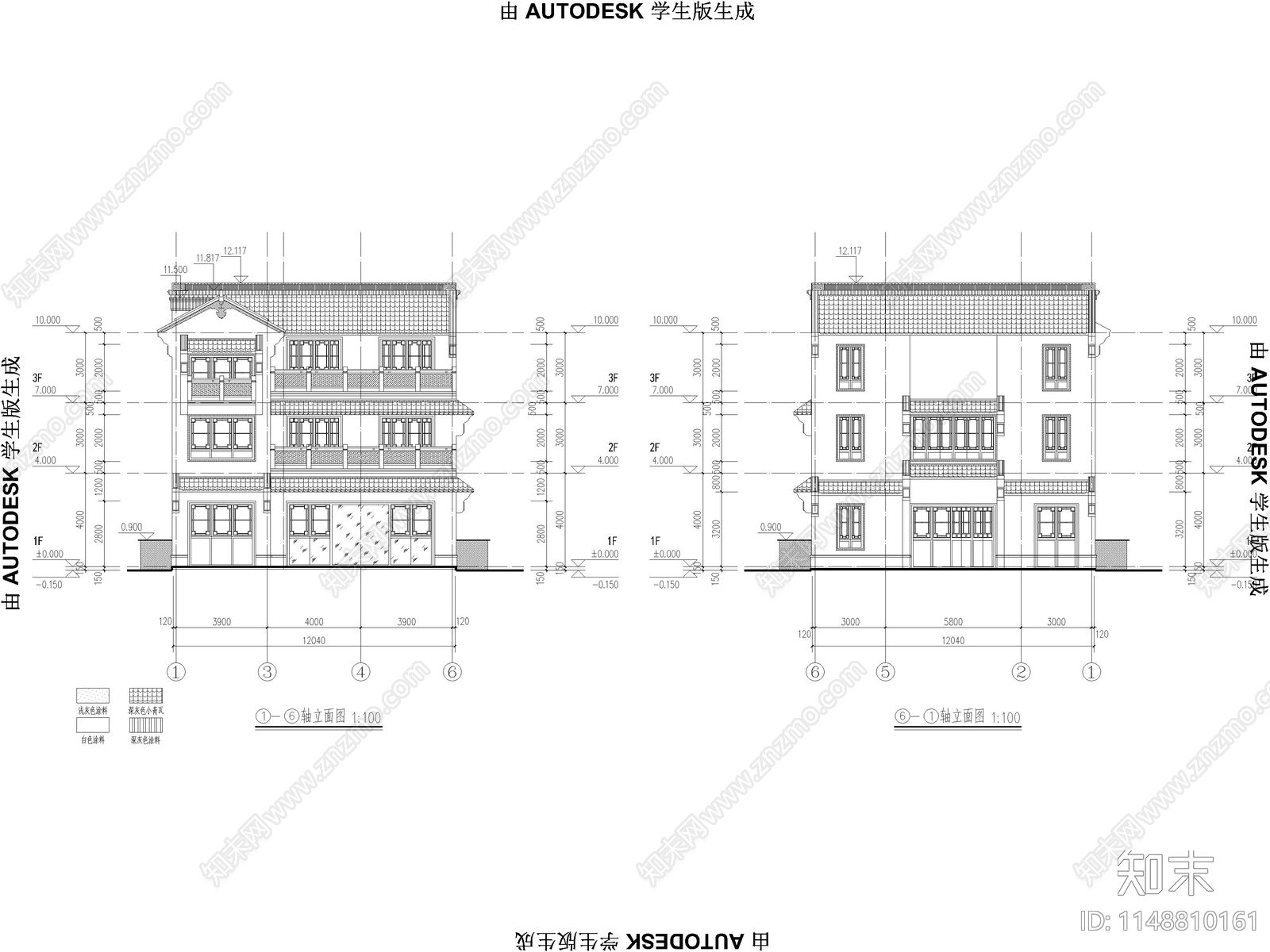 中式别墅自建房建筑cad施工图下载【ID:1148810161】