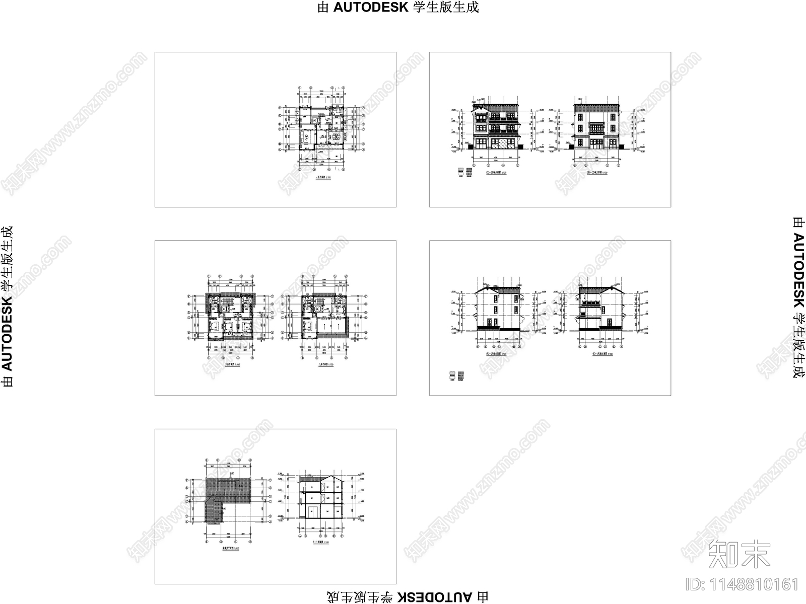 中式别墅自建房建筑cad施工图下载【ID:1148810161】