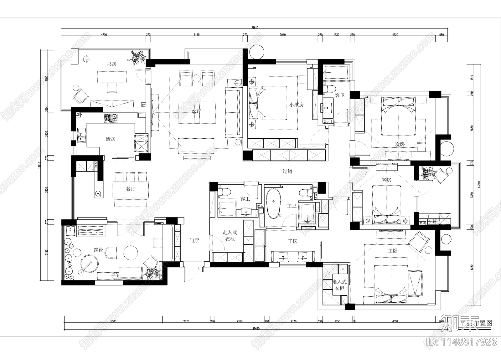 新中式大平层室内cad施工图下载【ID:1148817926】