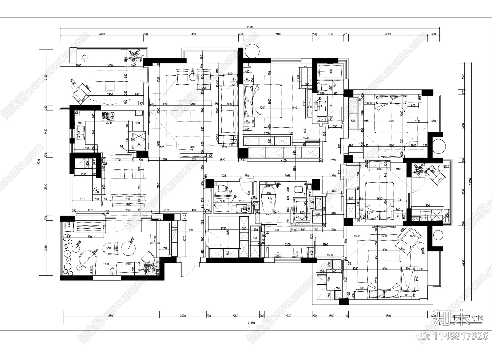 新中式大平层室内cad施工图下载【ID:1148817926】