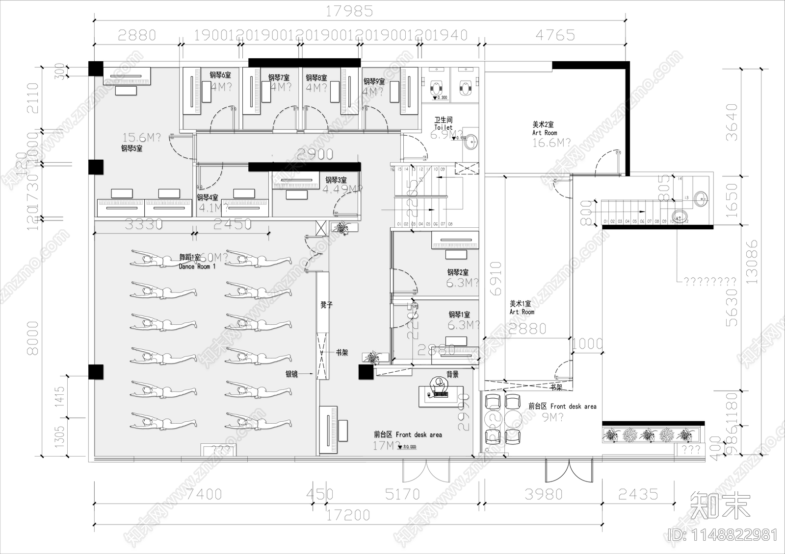 钢琴舞蹈培训教室室内平面布置图cad施工图下载【ID:1148822981】