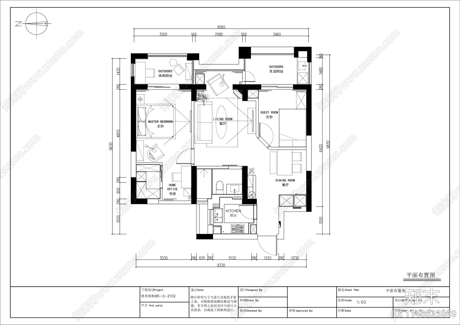 北欧风格平层室内cad施工图下载【ID:1148823869】