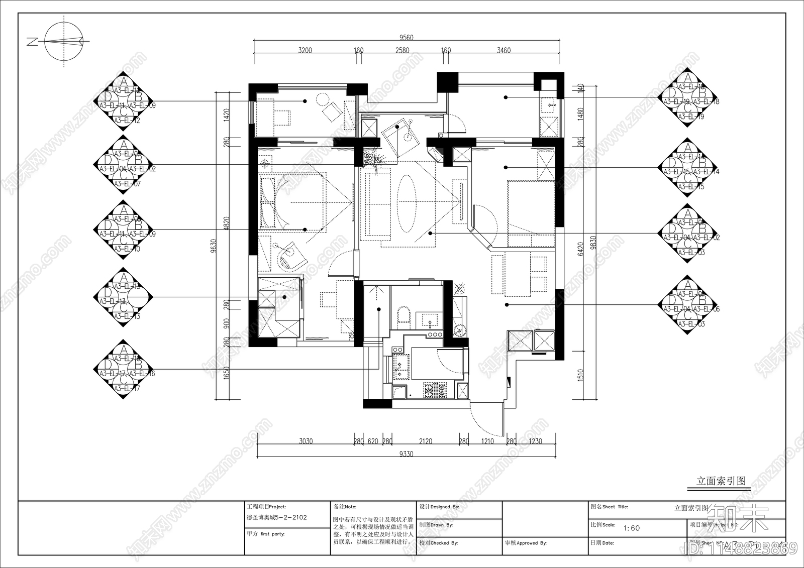 北欧风格平层室内cad施工图下载【ID:1148823869】