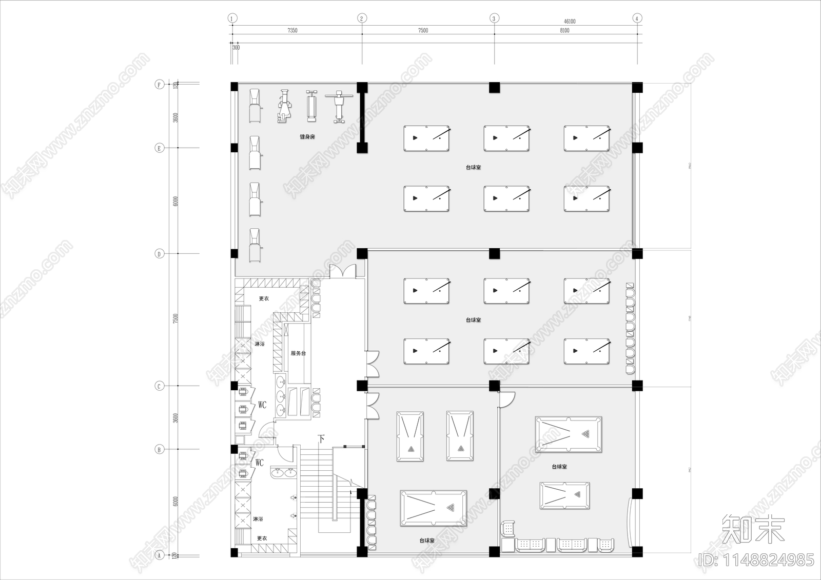 500㎡台球健身房室内平面布局图施工图下载【ID:1148824985】