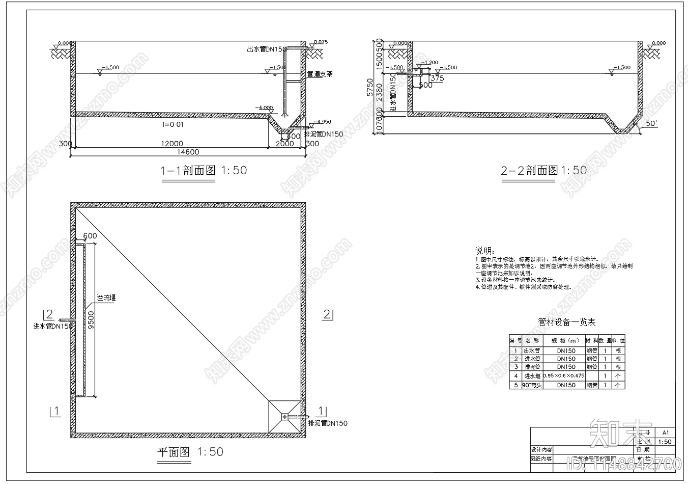 调节池平面剖面图cad施工图下载【ID:1148842700】