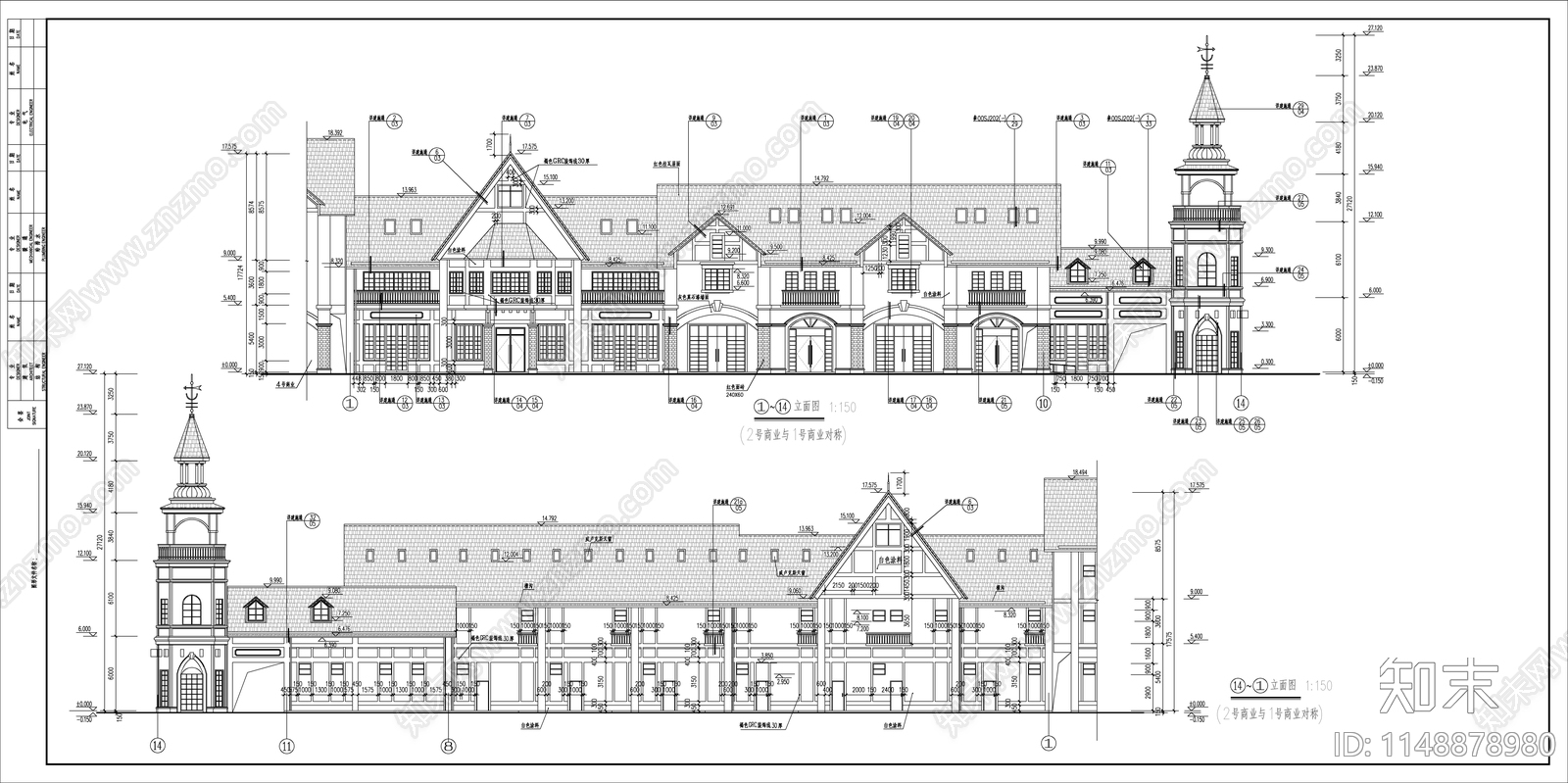 英式风格商业街建筑cad施工图下载【ID:1148878980】