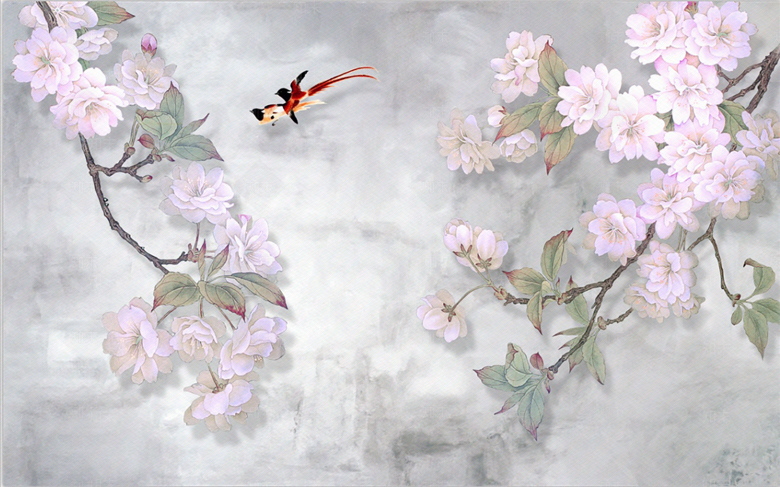 新中式花鸟画客厅背景墙贴图下载【ID:1148880785】