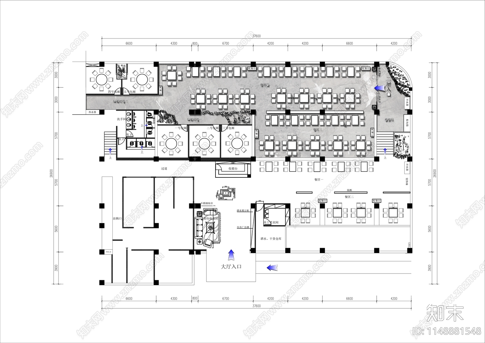 中式火锅店平面cad施工图下载【ID:1148881548】