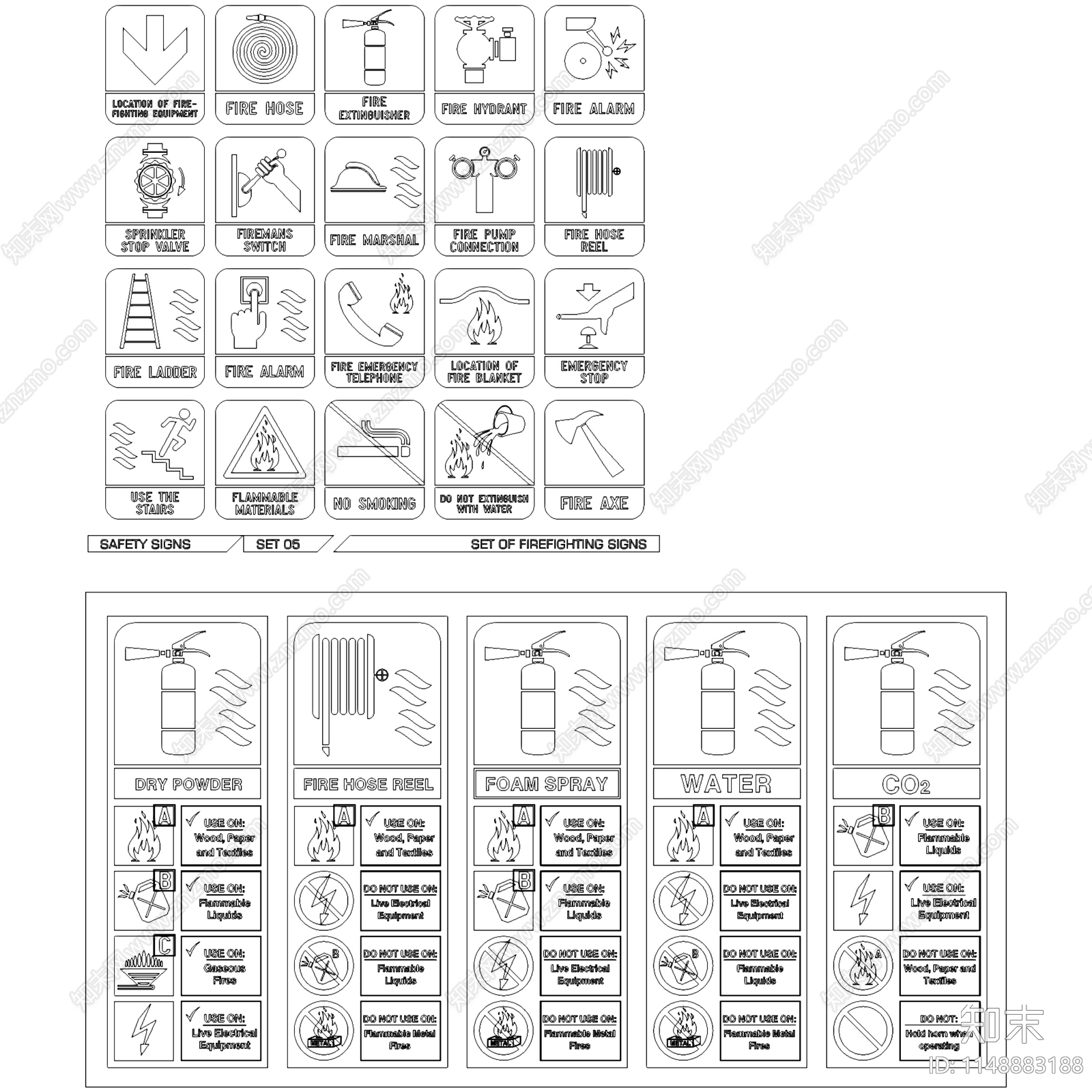 消防安全标识疏散口灭火器图标图库施工图下载【ID:1148883188】