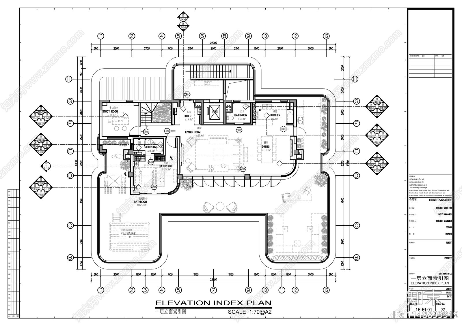 现代别墅室内cad施工图下载【ID:1148899919】