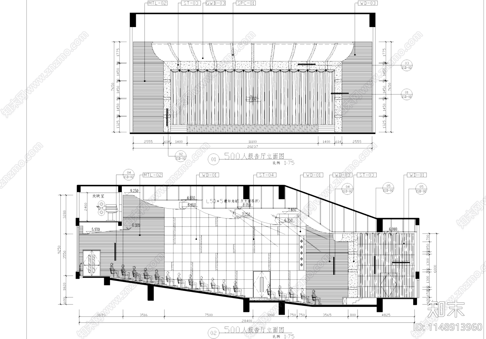 500人报告厅室内cad施工图下载【ID:1148913960】