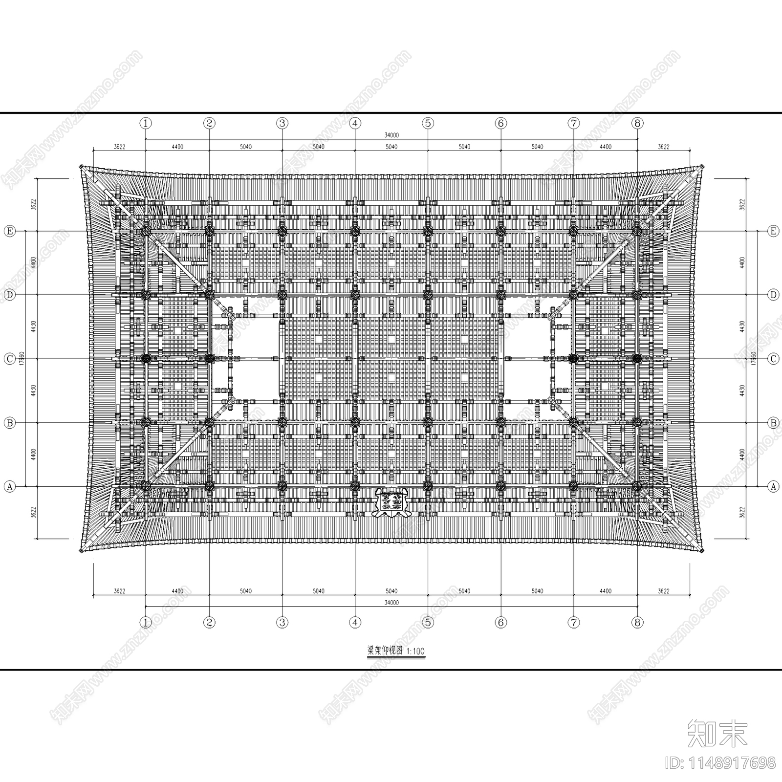 五台山佛光真容禅寺大殿建筑cad施工图下载【ID:1148917698】