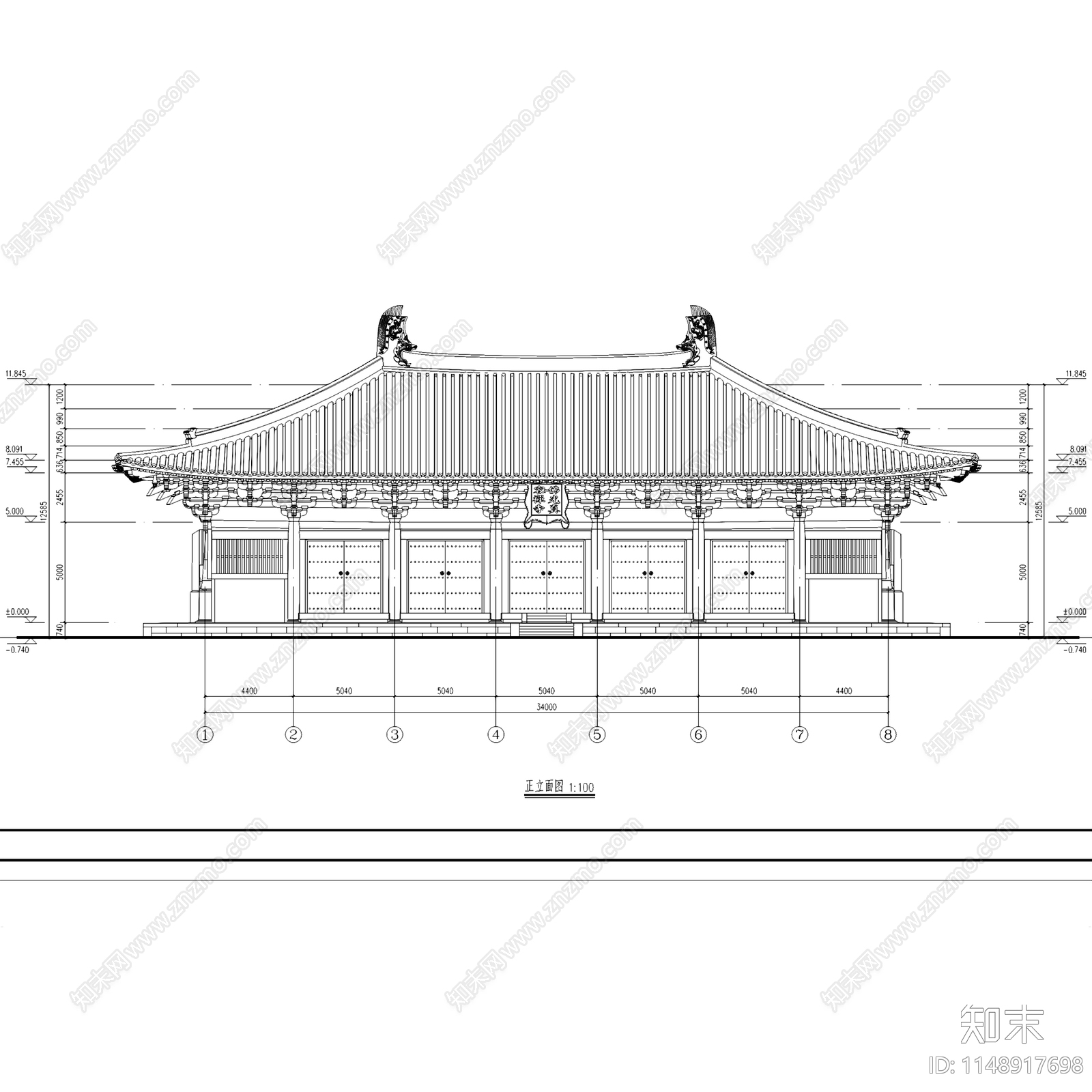 五台山佛光真容禅寺大殿建筑cad施工图下载【ID:1148917698】