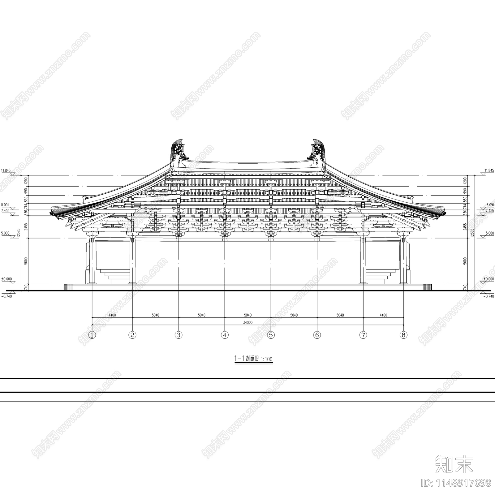 五台山佛光真容禅寺大殿建筑cad施工图下载【ID:1148917698】