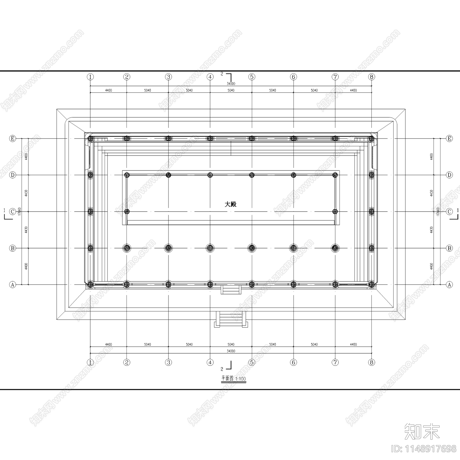 五台山佛光真容禅寺大殿建筑cad施工图下载【ID:1148917698】