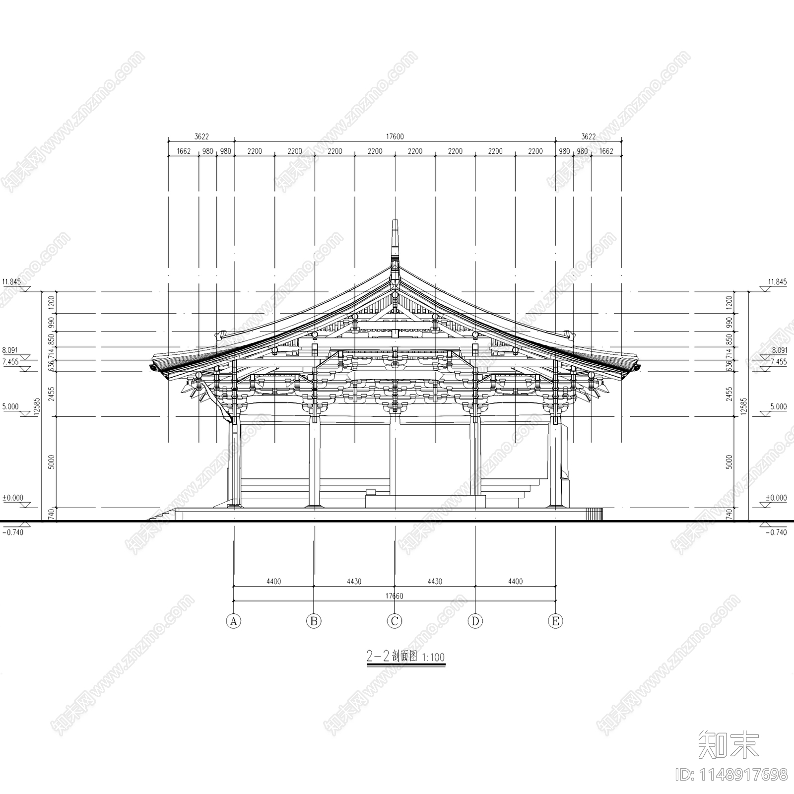 五台山佛光真容禅寺大殿建筑cad施工图下载【ID:1148917698】