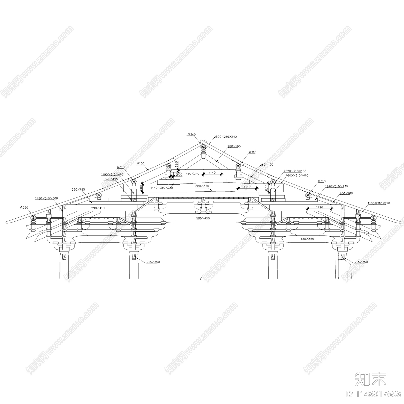 五台山佛光真容禅寺大殿建筑cad施工图下载【ID:1148917698】