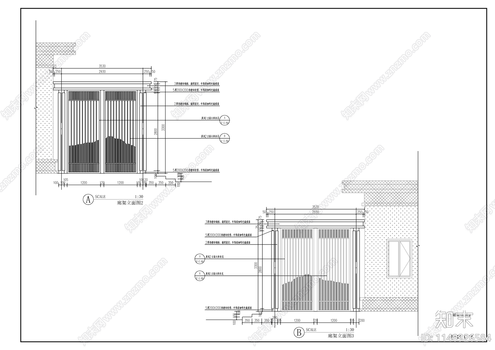 新中式样板房入口廊架详图cad施工图下载【ID:1148926584】