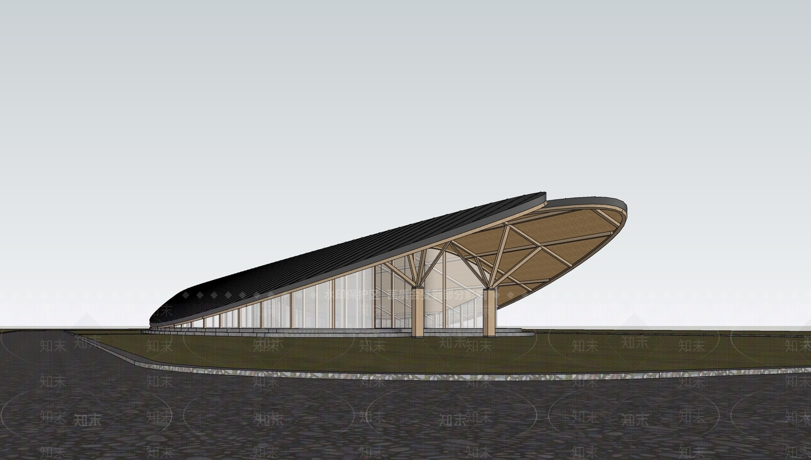 现代曲线展览馆建筑SU模型下载【ID:1148930983】