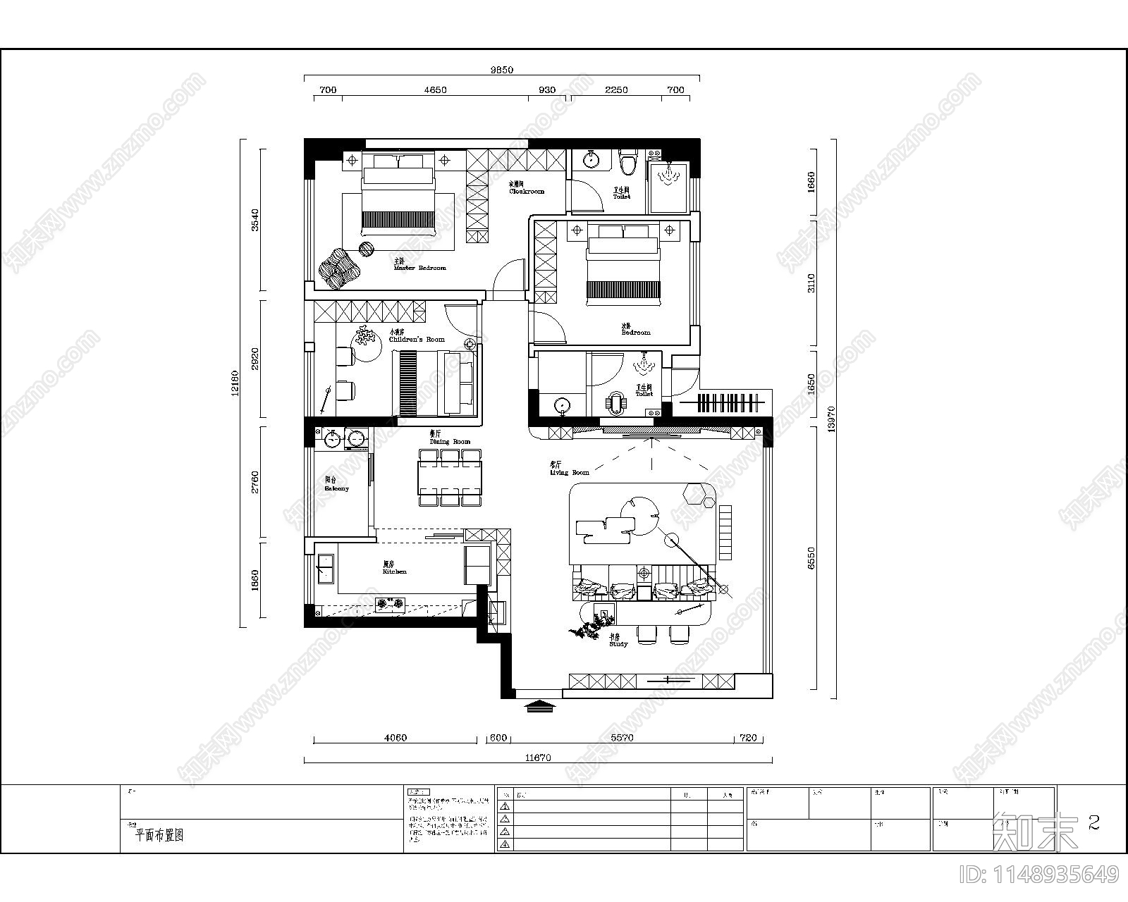 现代家装空间平层cad施工图下载【ID:1148935649】