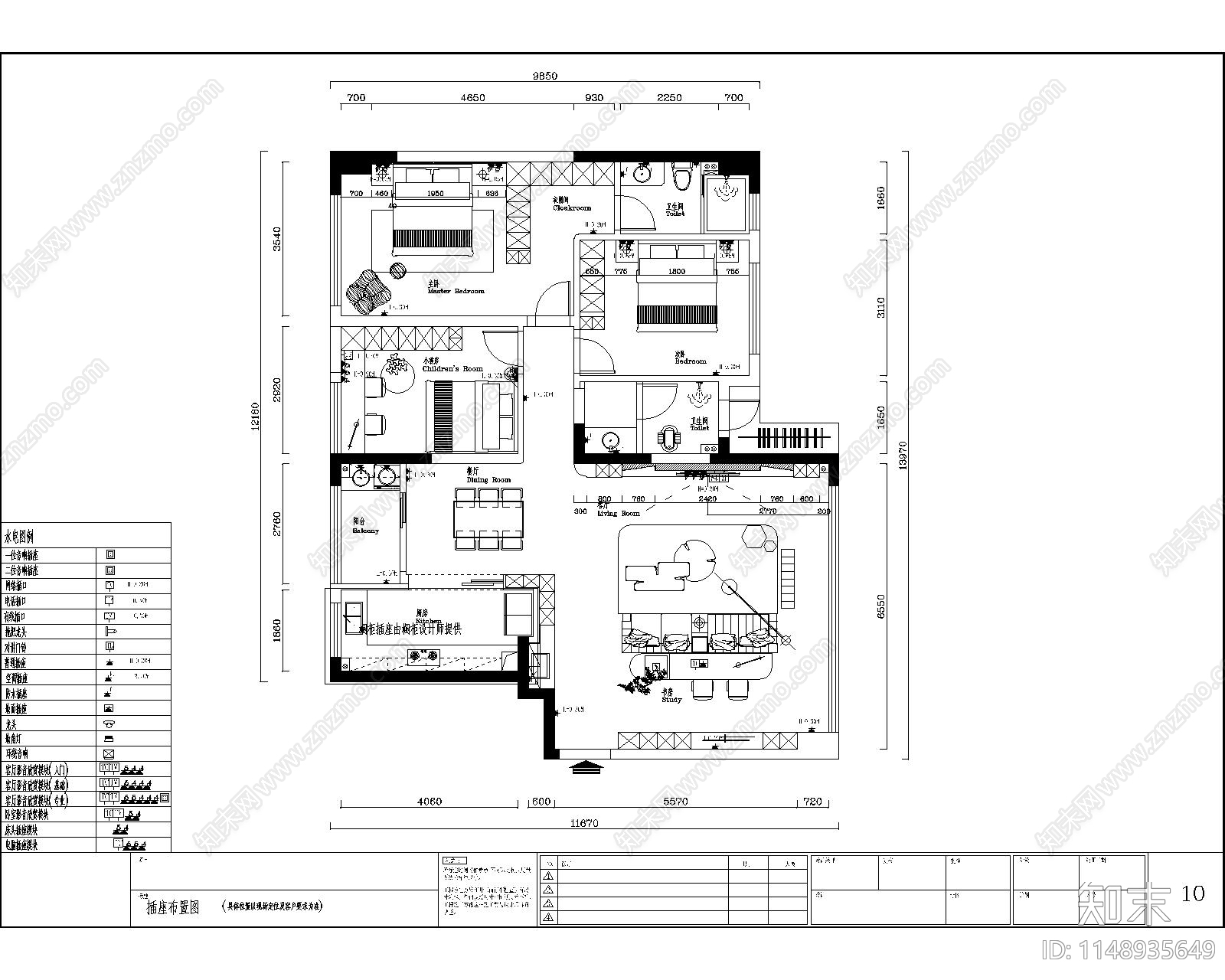 现代家装空间平层cad施工图下载【ID:1148935649】