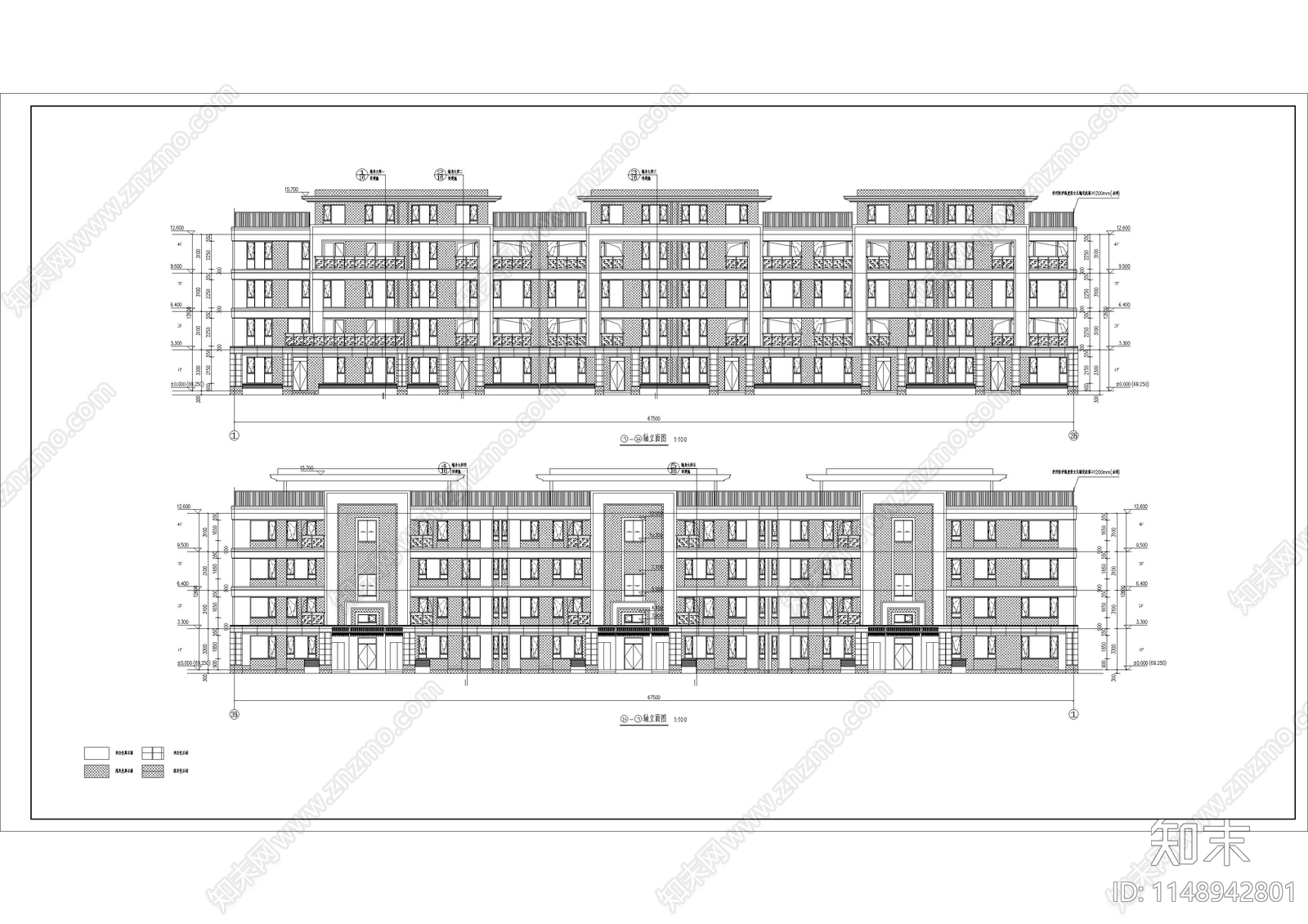 4层叠拼别墅住宅楼cad施工图下载【ID:1148942801】