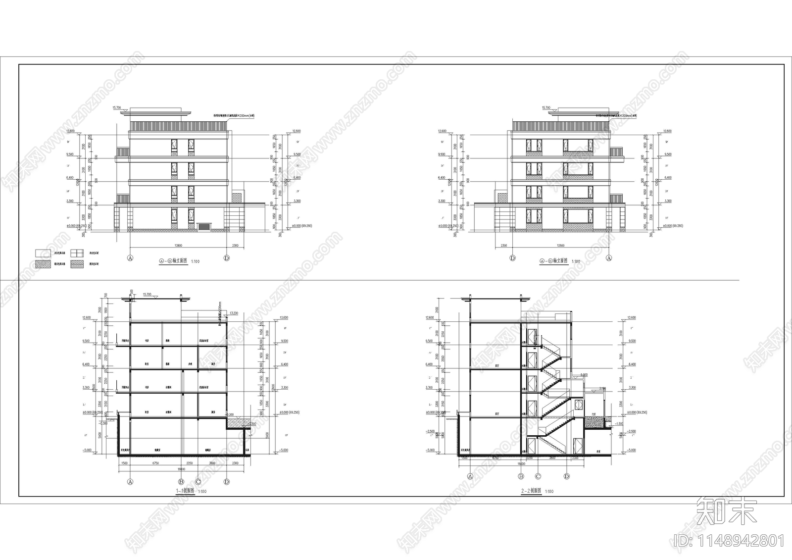 4层叠拼别墅住宅楼cad施工图下载【ID:1148942801】