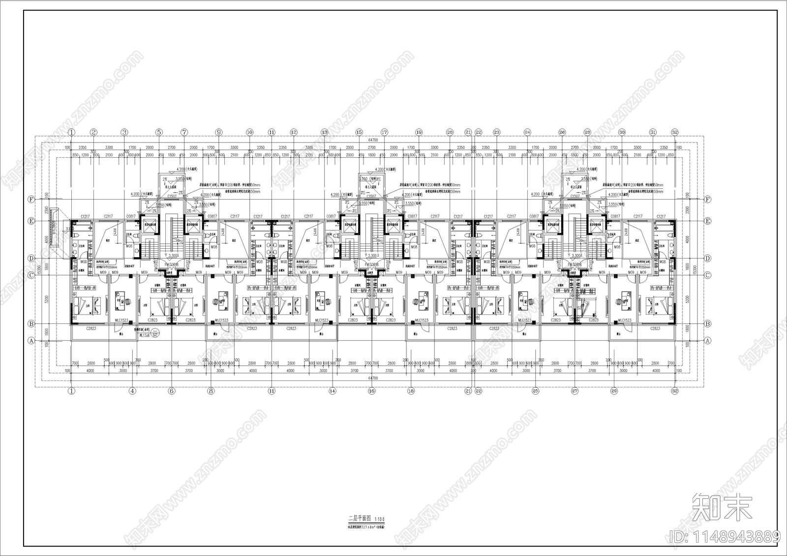 4层叠拼别墅住宅楼cad施工图下载【ID:1148943889】