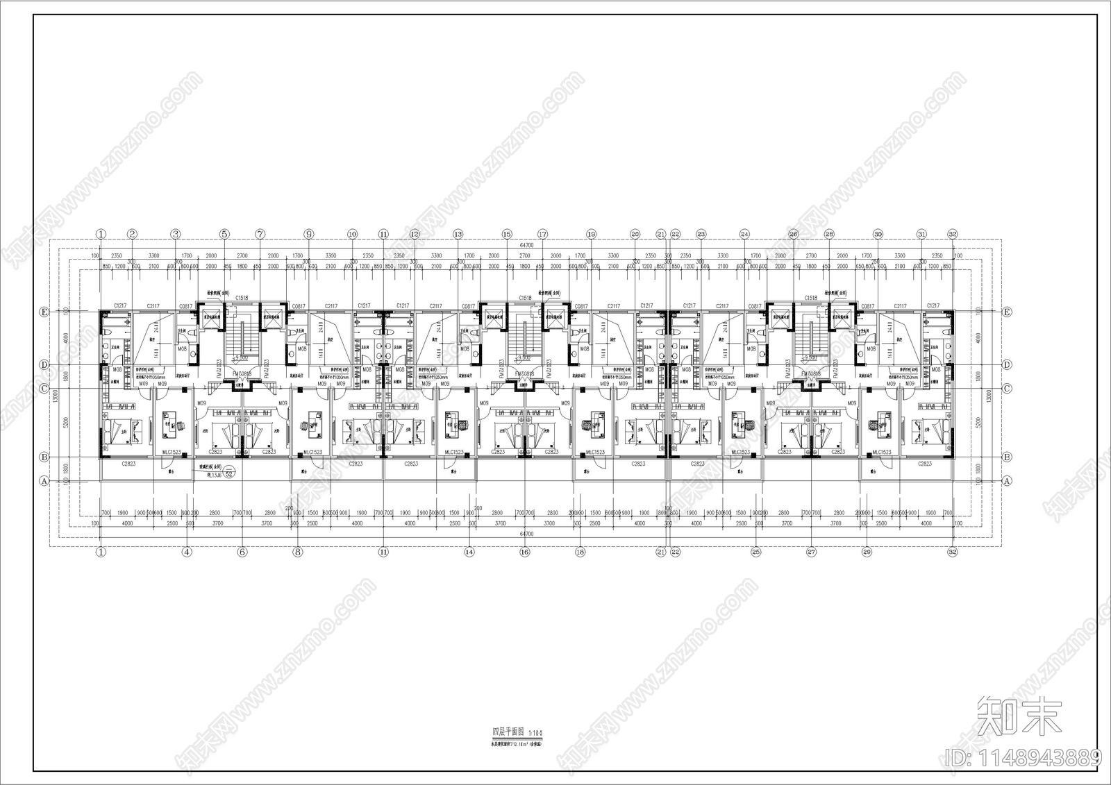 4层叠拼别墅住宅楼施工图下载【ID:1148943889】