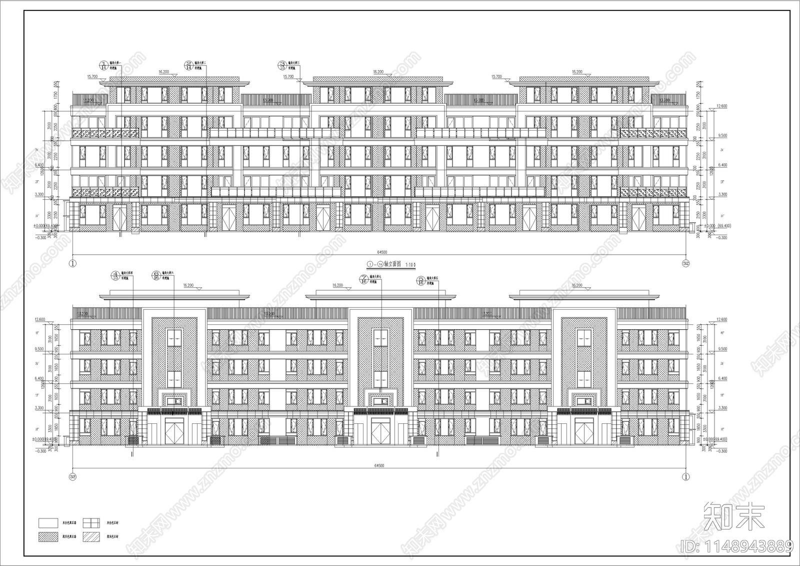 4层叠拼别墅住宅楼cad施工图下载【ID:1148943889】