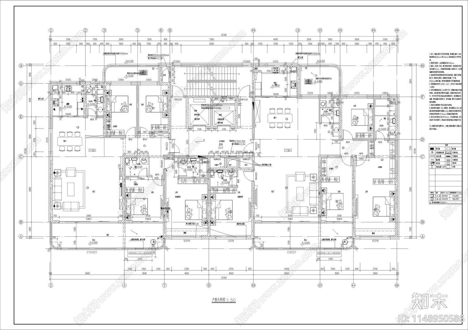 31米塔楼高层现代风大平层住宅建筑cad施工图下载【ID:1148950586】